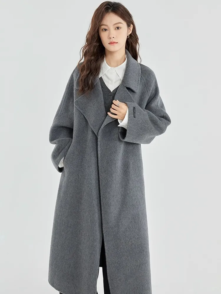 

Grey Double-Sided Cashmere Coat For Women With A High-End Sense, Loose Collar And Waistband, Medium Length Wool Coat