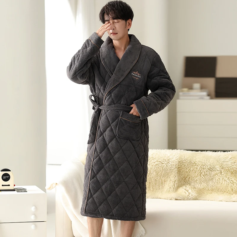 빅 사이즈 M-4XL 남성용 솔리드 목욕 가운, 3 레이어 클립 코튼 목욕 가운, 남성 드레싱 가운, 잠옷