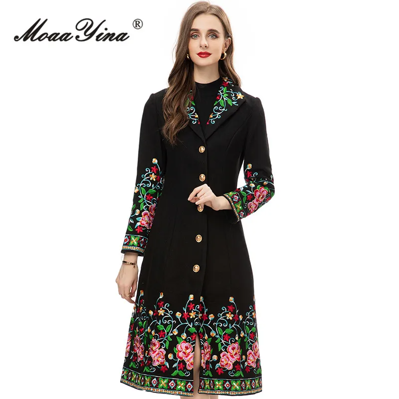 MoaaYina Winter Fashion Designer Black Vintage Blends Coat Women Lapel Pockets Single Breasted Embroidery Slim Long Blends Coat