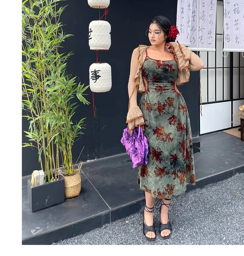 Large Size Spring New Sexy French Street Print Suspender Dress Temperament Girls High Waist A-line Sleeveless Cheongsam Dresses