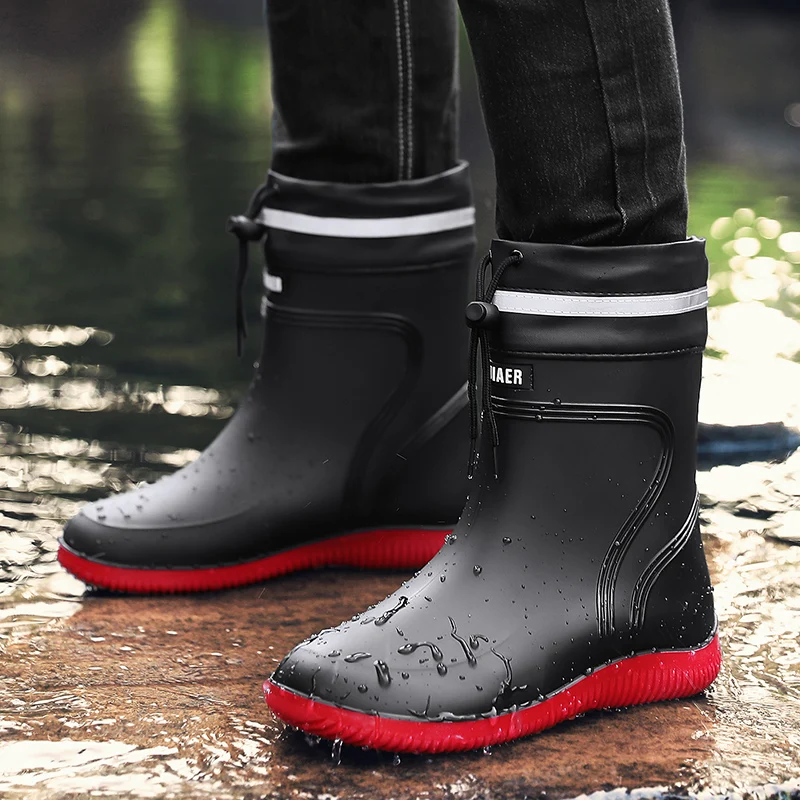 Hot Men's Casual Waterproof Rain Boots Fashion Men Outdoor Slip-on Fishing Shoes Chef Work Ankle Boots New Anti-slip Water Shoes