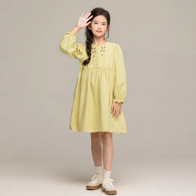 الكورية الخريف الاطفال الفتيات فستان الأميرة جديد التطريز الجولة الرقبة طفل الفتيات فستان طويل الأكمام الأطفال الفتيات فستان من قطعة واحدة