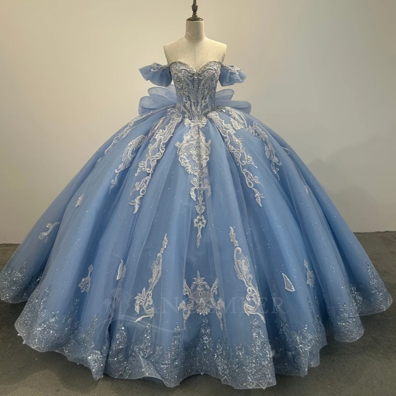 

Blue Shiny Quinceanera Dresses Off The Shoulder Applique Lace Crystal Beading Bow Tull Corset Party Birthday Sweet 16 Dress