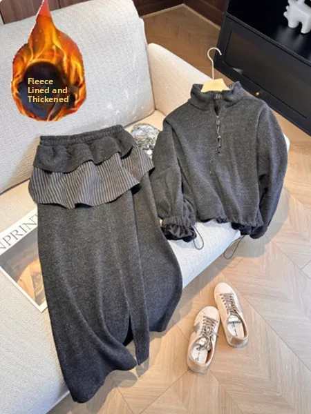 

Korean Style Women's Fleece Lined Thickened Loose Casual Fashionable Two Piece Set Hoodie Skirt Warm Comfortable Spring ...