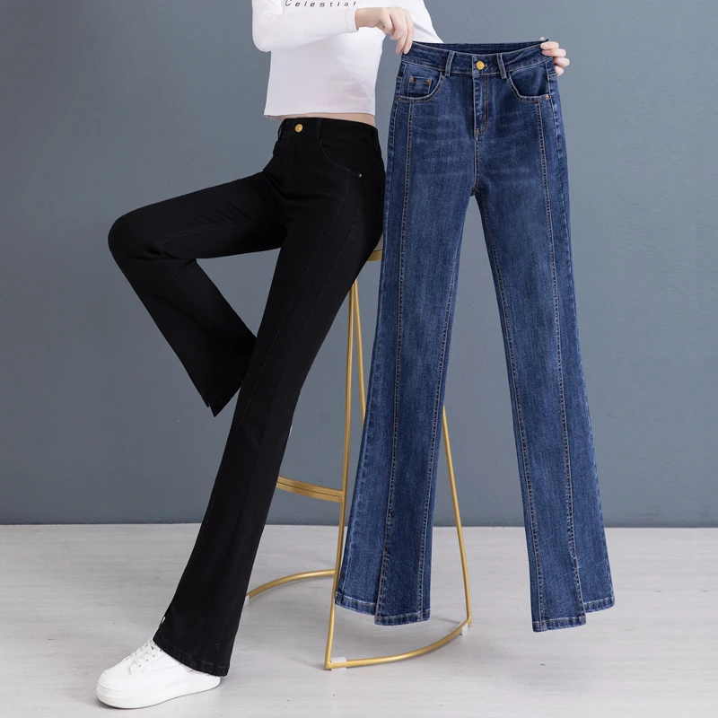 

High Waist Flared Jeans Women's Spring Autumn Cotton Stretch Denim Slimming Tall Illusion Bootcut Pants Casual Style