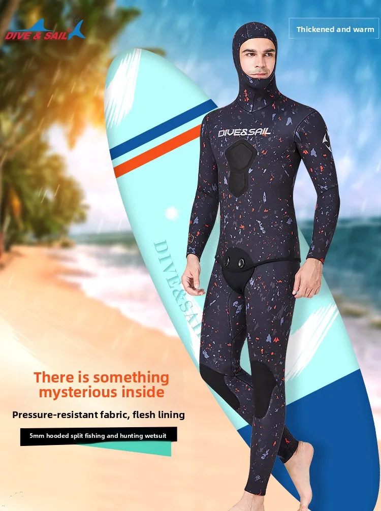 New Professional Fishing And Hunting Suit 5mm Split Camouflage Camouflage Wetsuit Set CR Thickened Thermal Hooded Wetsuit