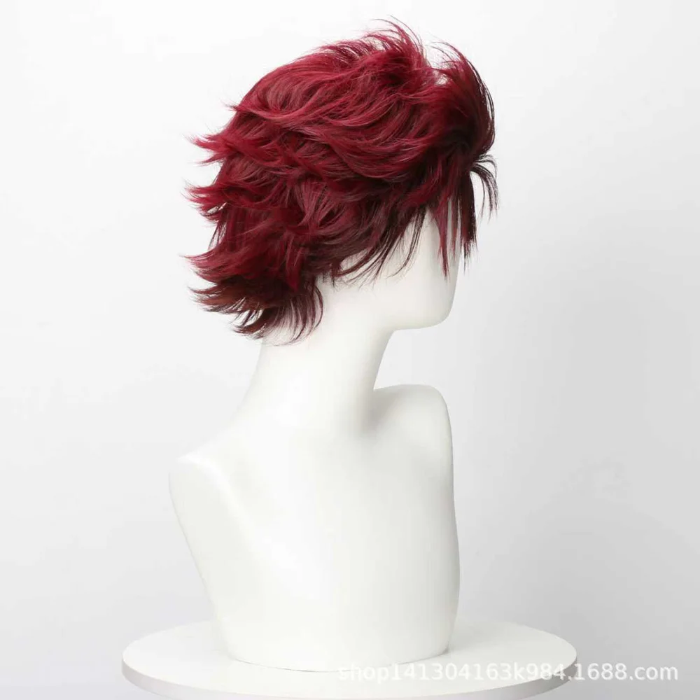 Anime Tanjirou Cosplay Wig Dark Red Short Hair Tanjirou Tattoo Sticker Earrings Men Halloween Carnival Party Role Play Props