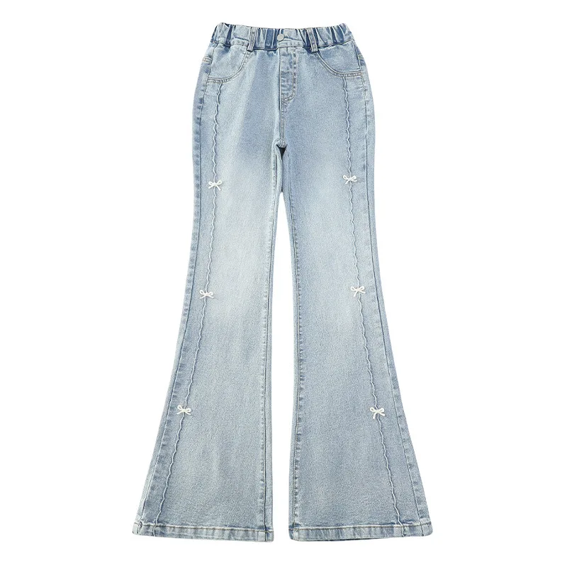 جينز بناتي 2025 جديد ربيع الخريف للأطفال لطيف الترفيه القوس الدنيم الأزرق الأطفال متوهج السراويل ملابس فتاة في سن المراهقة بنطلون 5-14 سنة #5