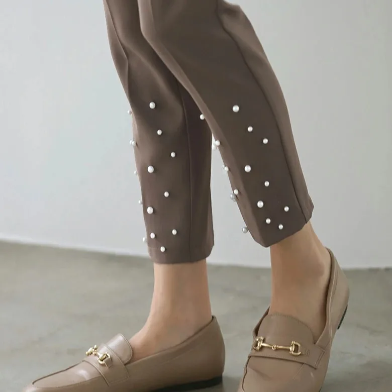 Japanse Sle Pearl Embellied Heavy Du elastische taille negen tenten harempakbroek dames slim fit casual broek