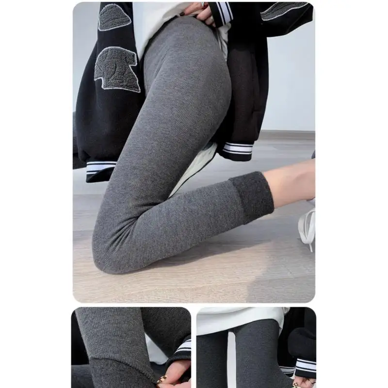 Leggings negros con forro polar para mujer, pantalones de algodón grises cálidos y gruesos de talla grande, ropa exterior para otoño e invierno, ajustado para cubrir el vientre