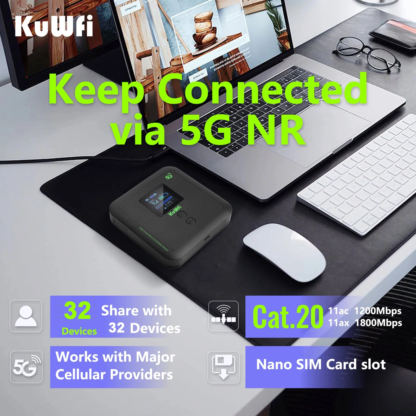 Imagem -03 - Kuwfi-roteador Móvel 5g Portátil Wi-fi6 Ax1800 4g sem Fio Dual Band Wifi Esim Viagem 6000mah Bateria 32 Usuários