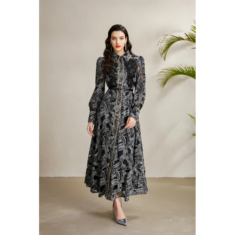 فستان ماكسي نسائي عتيق لخريف 2025 مع حواف ذهبية بروش مطرز بحاشية واسعة ودانتيل أنيق ملابس سهرة رسمية