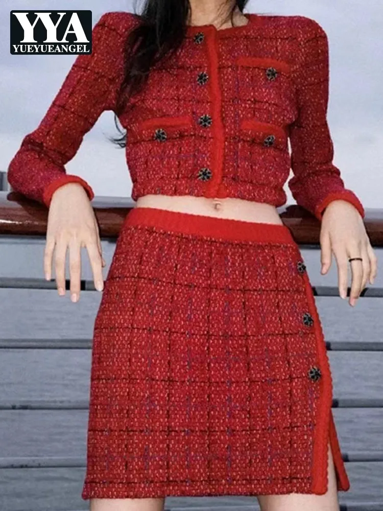 

Fashion Women O Neck Cropped Tops Mini Skirt Knitted Two Piece Set Spring Single Breasted Buttons Wrap Mini Skirts Matching Sets