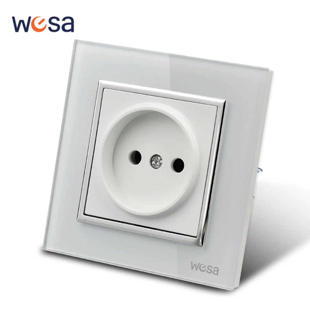 

WESA Luxury Crystal Tempered Glass Panel White Wall Socket Flame Retardant EU Standard Power Socket Electrical Outlet No Ground