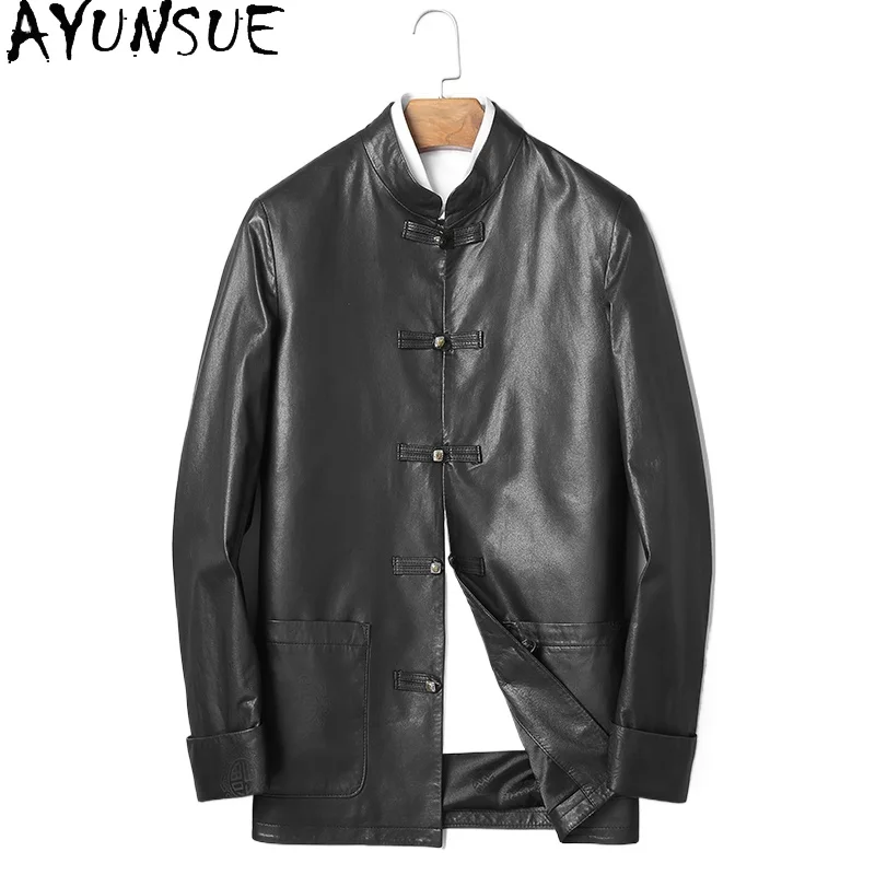 

AYUNSUE 2025 Genuine Sheepskin Leather Jackets Man Autumn Winter Chinese-style Soft Leather Coat Button-down Men Leather Jacket