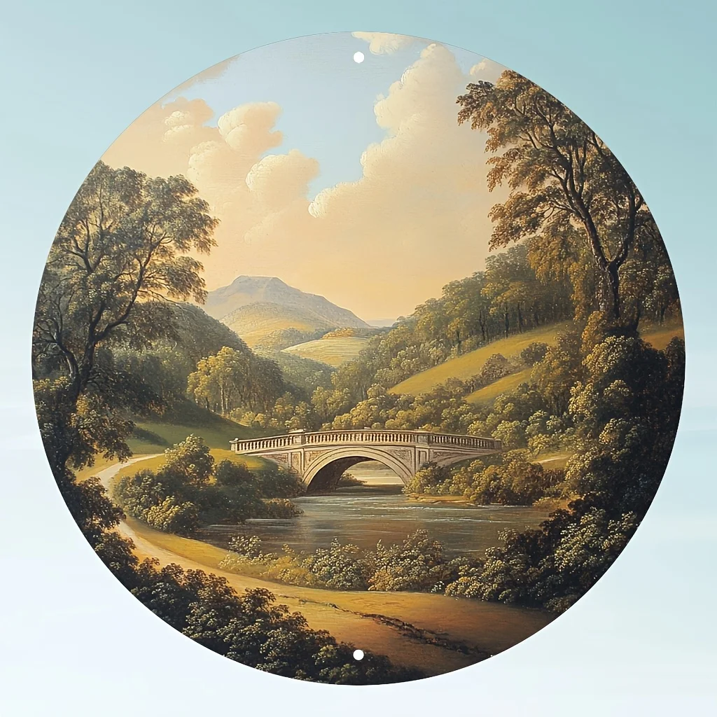 2D Flat, 2D Flat Surface, 1pc of 2D Flat Printed Metal Iron Sign, 1pc of Elegant Neoclassical Landscape Valley and Historic Brid