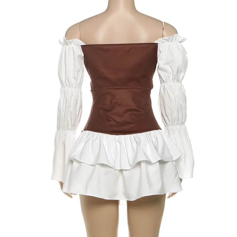 Doce retalhos vestido curto feminino rendas até slash neck manga longa puff magro em camadas strecth elegante mini bodycon vestidos