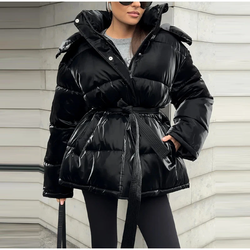 Chic Reflective Fabric Lace Up Hooded Cotton Jacket Women Stand Collar Full Sleeve Zipper Warm Overcoat 2026 Winter Lady Outwear