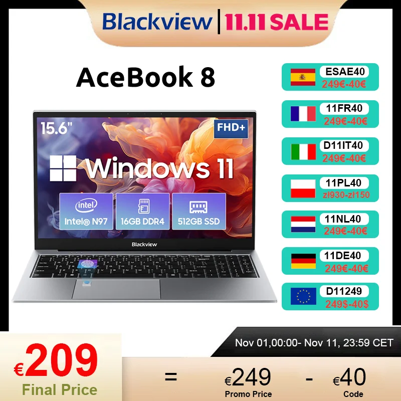 Laptop Blackview AceBook 8 15,6 cala 12. generacji Intel Alder Lake N97 16 GB RAM 512 GB SSD + rozszerzenie do 1 TB Windows 11 BT 5.0