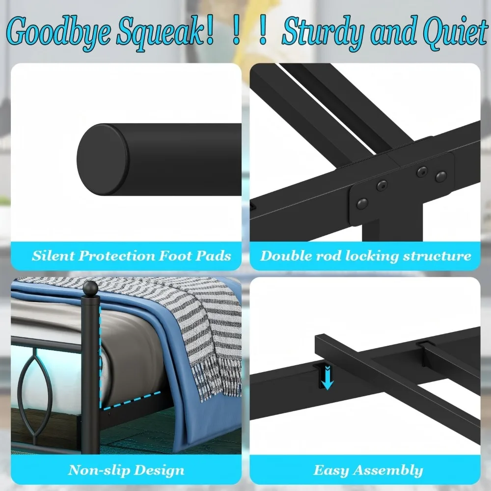 Twin Size Metal Bed Frame with Headboard, Charging Station, LED Lights, 12-Inch Under Bed Storage, Black Platform Bed Frame