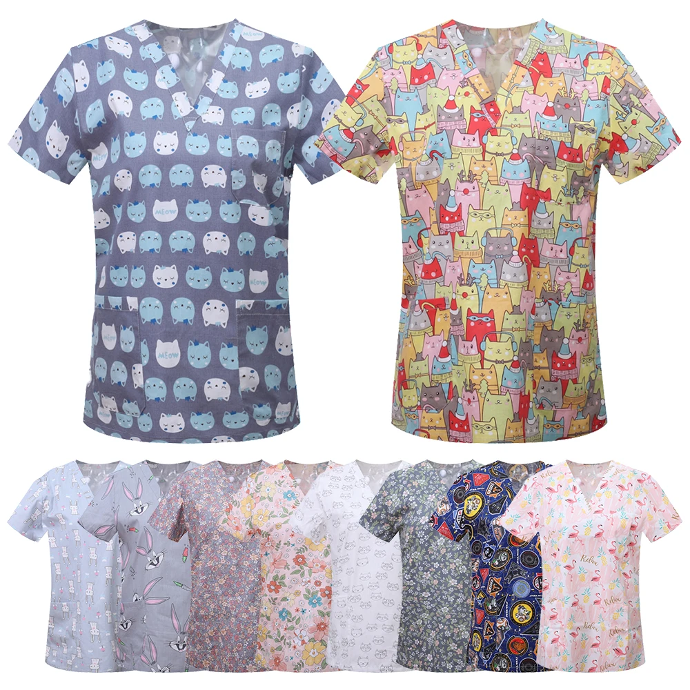 Nurse Uniforms Women Print Short Sleeve V-neck Scrubs Working Medical Blouse Overalls   Nursing Spa Pet Dentistry