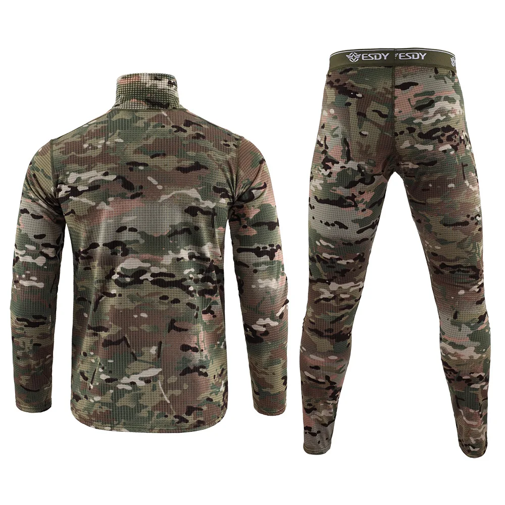 Hunting Ghillie Suits Outdoor Autumn Winter Thermal Underwear Set Fleece Slim Fit Tactical Hiking Camping Top + Pants Mountain