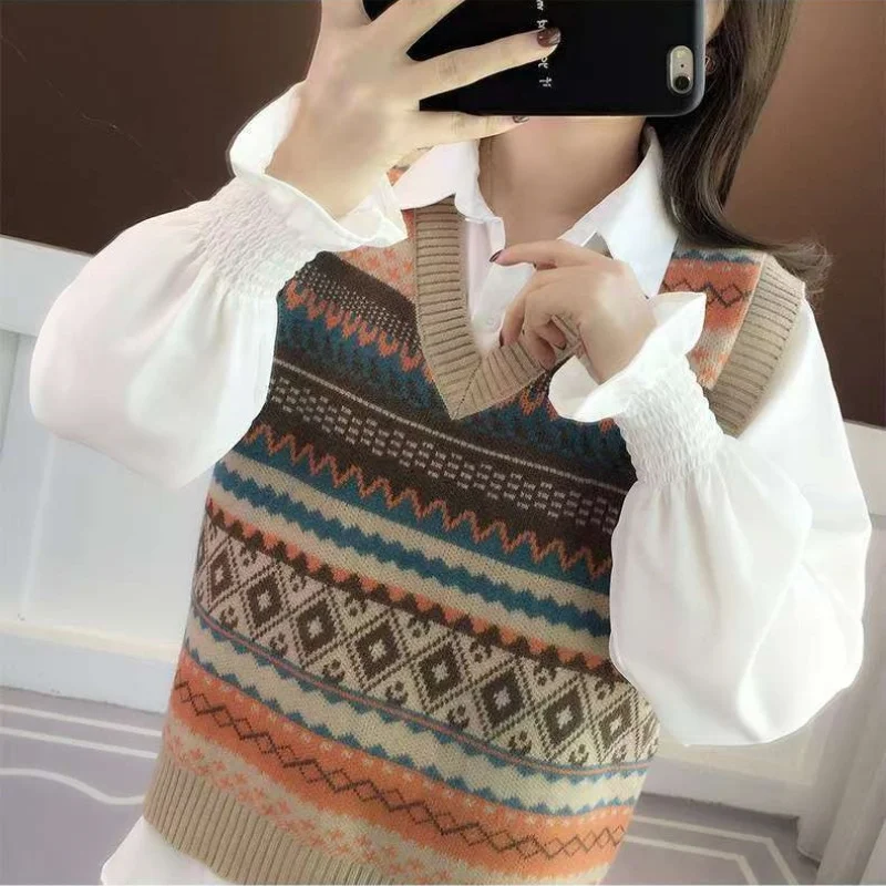 Autumn Winter V-Neck Sleeveless Fair Isle Sweater Retro Elegant Knitted Vest New Women\'s Sweater Slim Tank Top Pullover Blouse