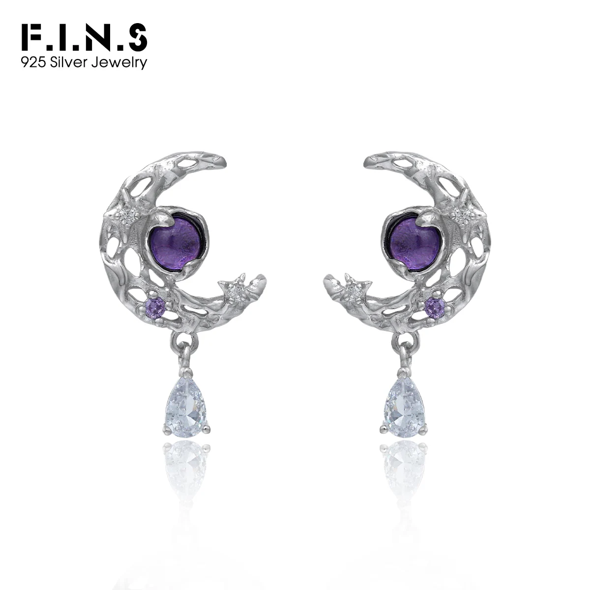 

F.I.N.S Original Texture Moon S925 Sterling Silver Stud Earrings Irregular Lava Purple Zircon Hollow Crecent Piercing Ear Jewels
