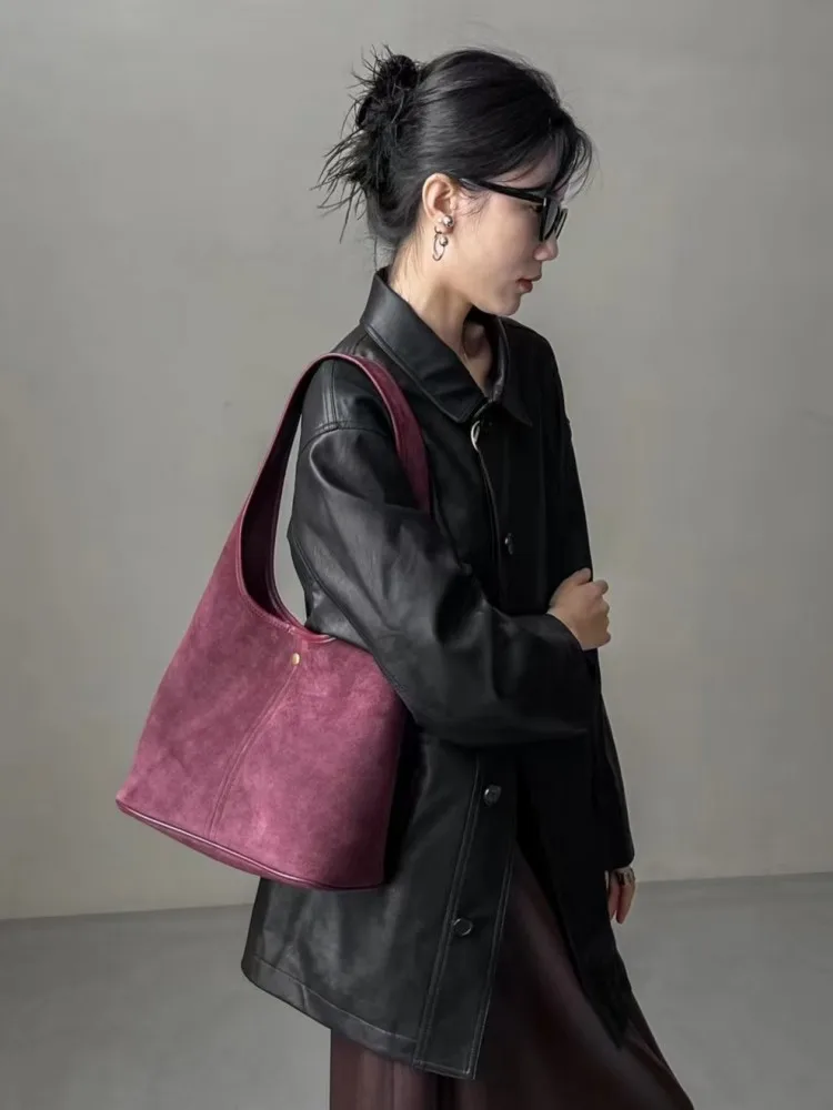 Women Hobos Bag Vintage Solid Color Cow Suede Single Shoulder Bag Versatile Casual Handbag Totes Autumn Office Lady Underarm Bag