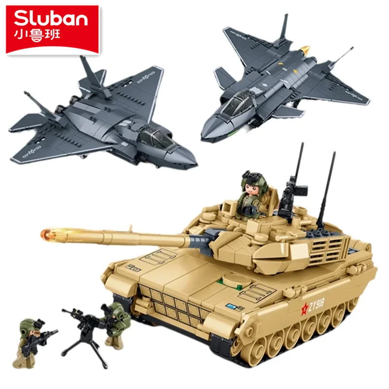 Sluban Military Stealth Fighter Jet And Main Battle Tank Model Building Blocks Set Educational Air Force Toys for Children