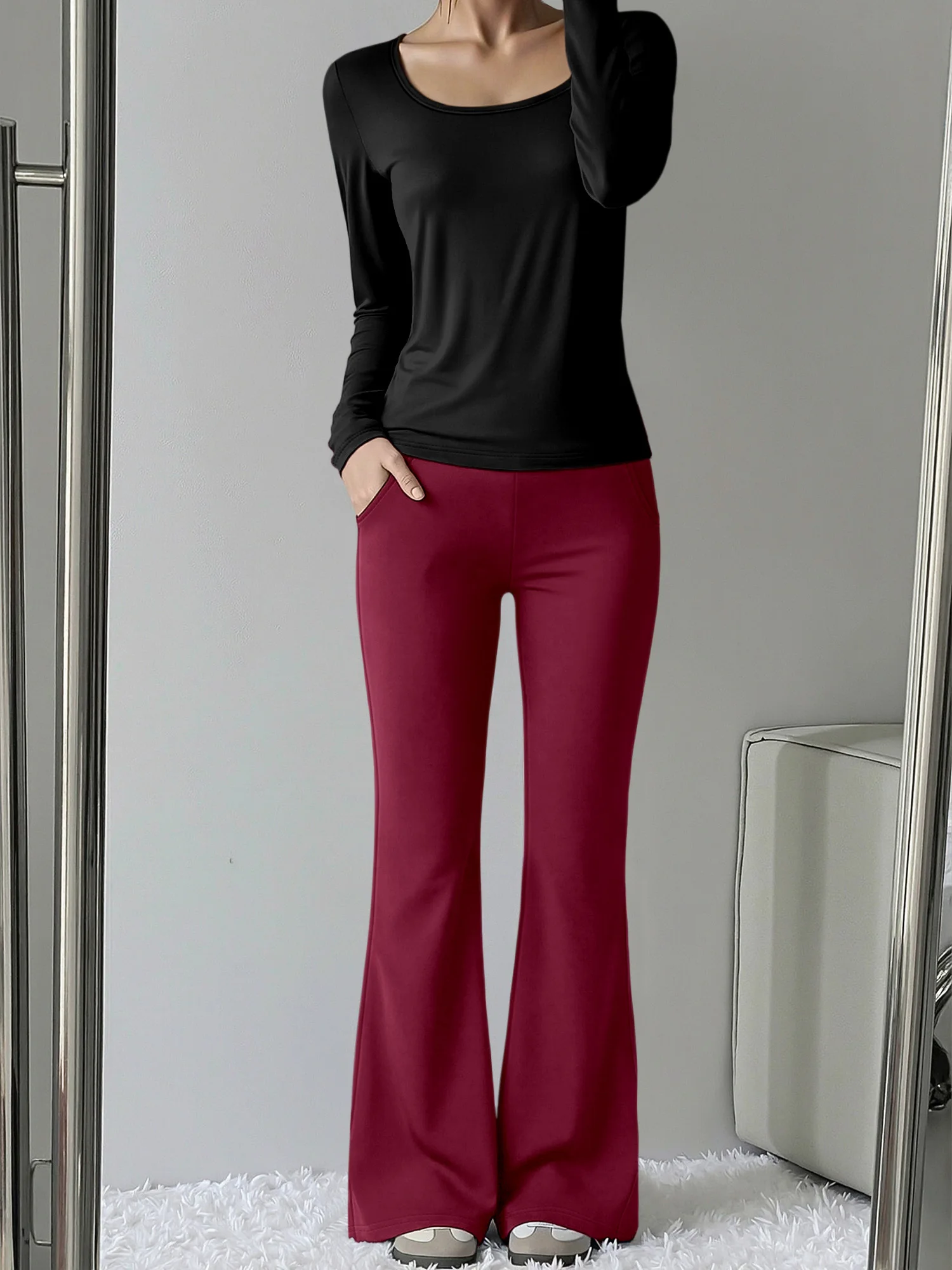 

Stretchy Soft Women 2Pcs Outfit Round Neck Long Sleeve Shirt Casual Loose Pants Lightweight Daily Basic Suit