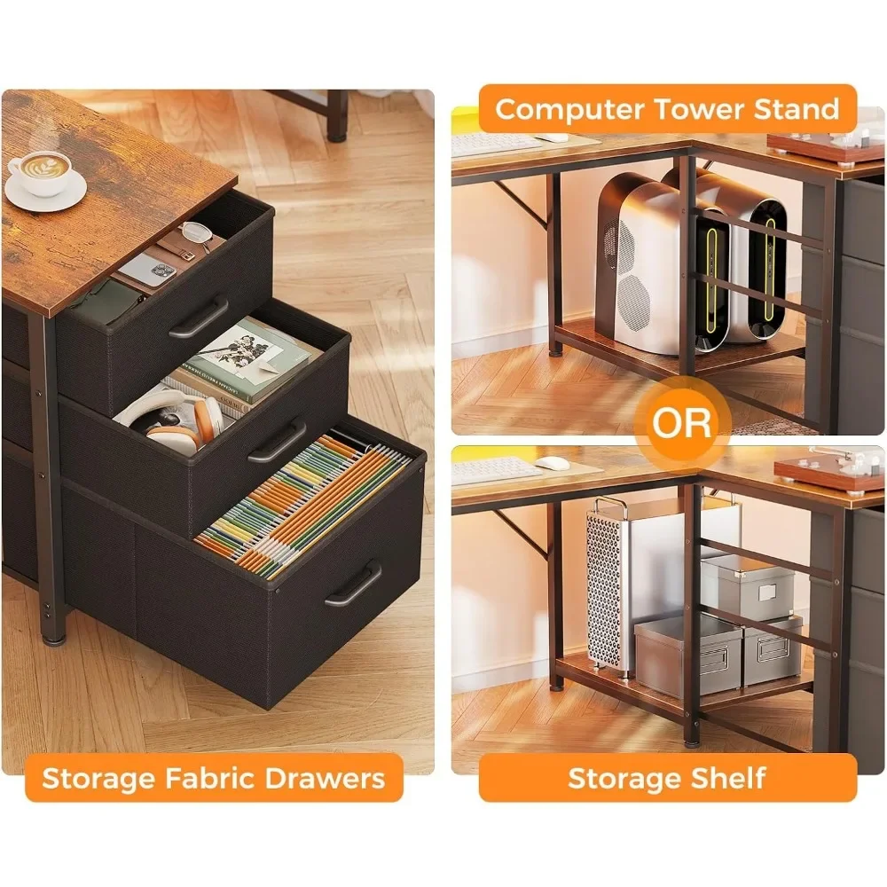 94" Computer Desk with Fabric Drawer & File Cabinet- 2 Person Home Office Desk with Power Outlet & LED Light, Long Writing Desk