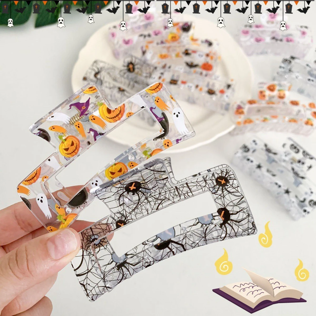 Halloween Transparent Acrylic Hair Claw Clips Pumpkin Ghost Bat Print Rectangle Shark Clips Women Holiday Party Hair Accessories