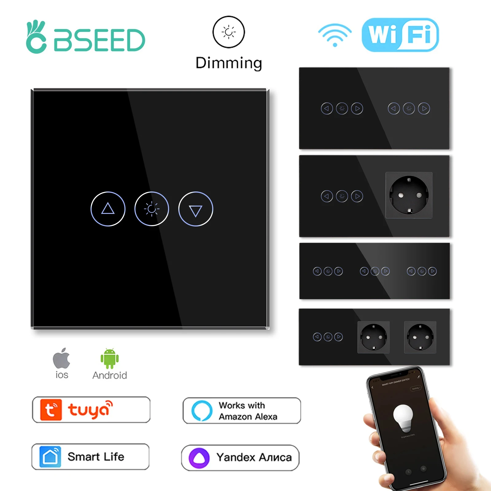 BSEED Wifi Smart Dimmer Switches Tuya Smart Life Goolgle Home Control Plus Type-c USB EU Socket Glass Panel Black Series