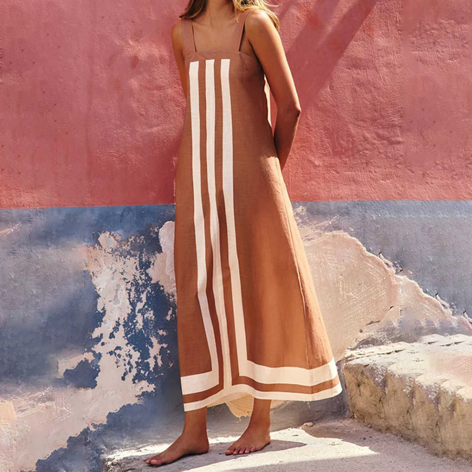 Vakantie Dames Gestreepte Patchwork Lange Tankjurk Losse Vierkante Hals Mouwloze A-lijn Jurk voor Dagelijks Reisfeest