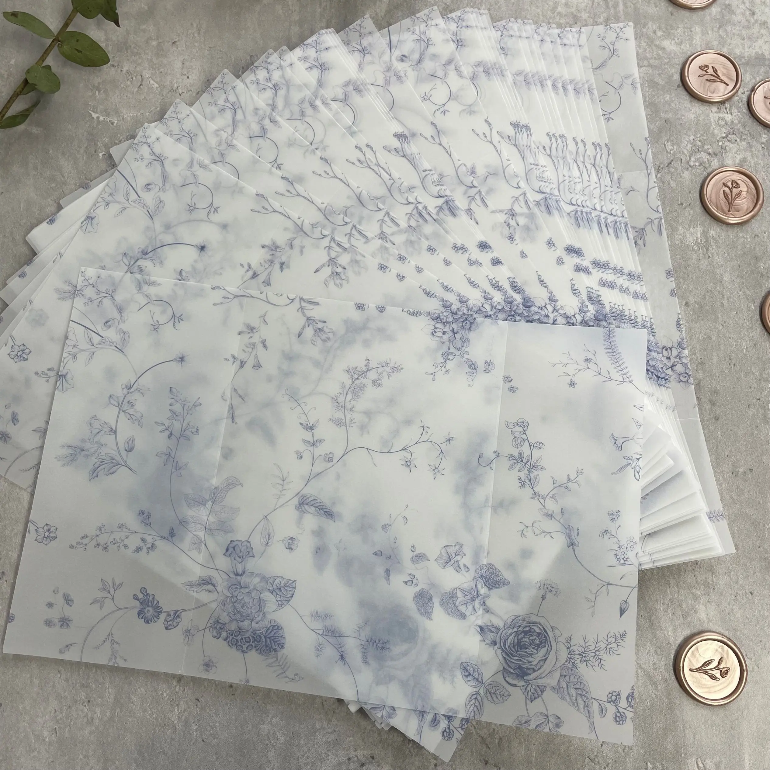 5*7in Blue Floral Vellum Wrap for Wedding invitations.50/100pcs