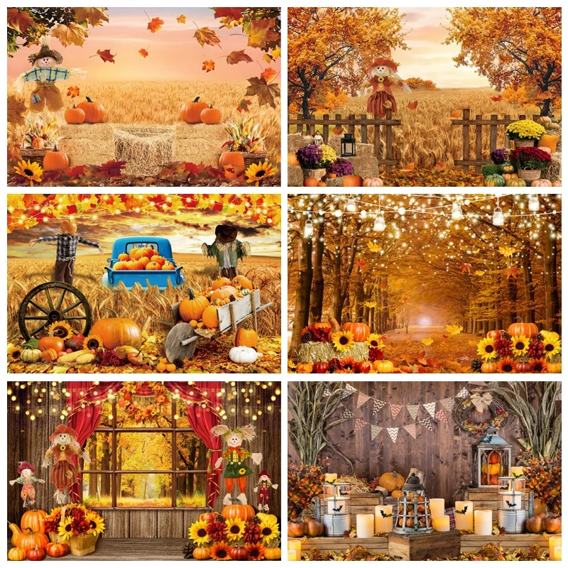 Autumn Scenery Photography Backdrop Fall Forest Wheat Field Harvest Maple Pumpkin Sunflower Thanksgiving Party Photo Background