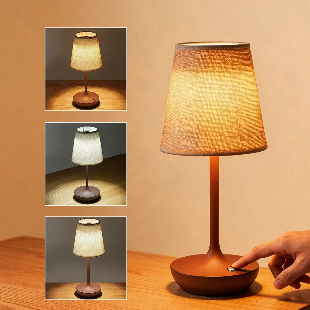 Lampu Meja LED Nirkabel dengan Kap Lampu Kain Vintage, Lampu Meja Portabel 2500mAh, Lampu Samping Tempat Tidur untuk Kamar Tidur, Lampu Malam