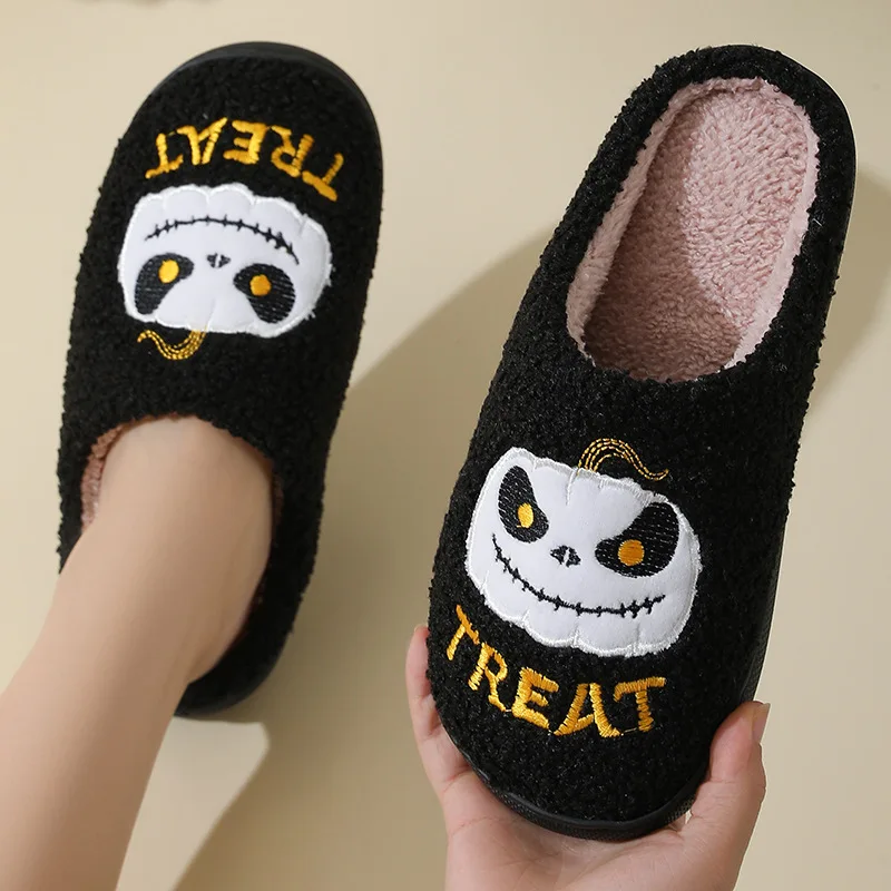 Halloween Pumpkin Embroidered Cotton Slippers Women Winter Comfortable Soft Sole Couple Shoes Woman Non Slip Flat Plush Slides