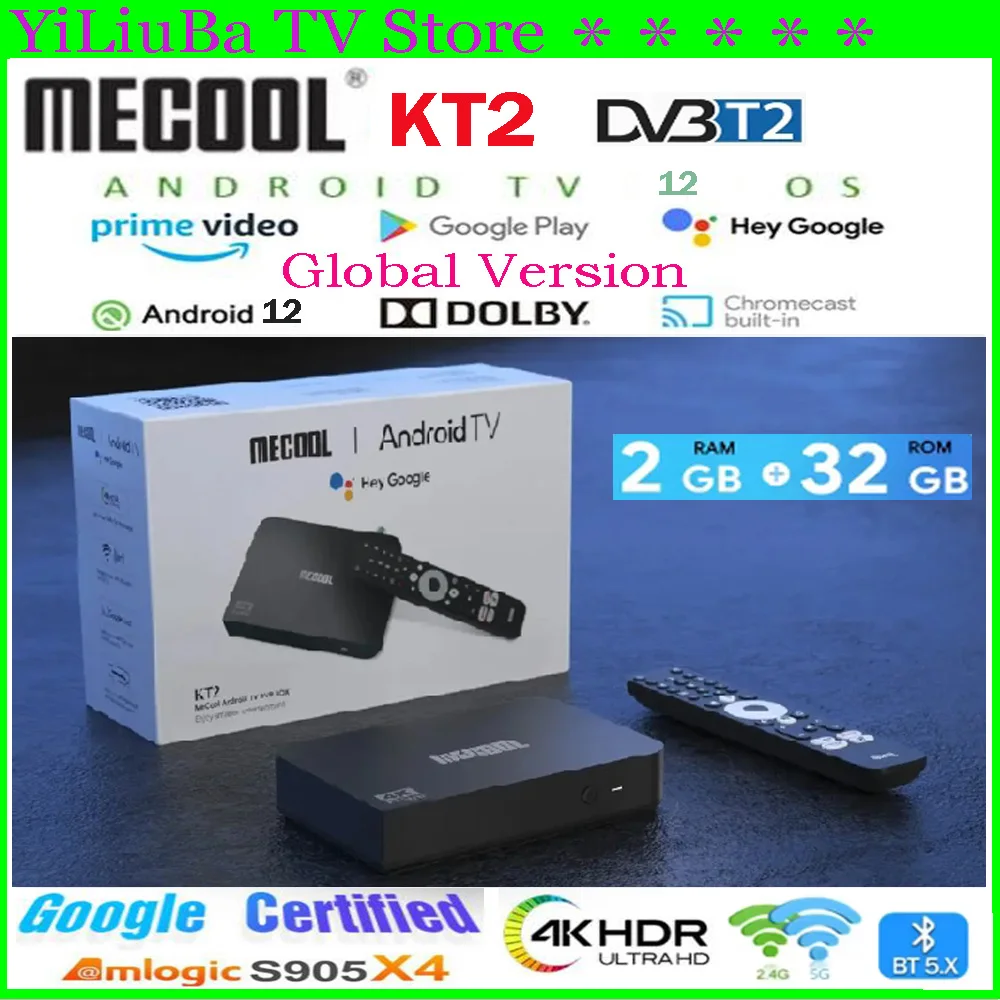 [Genuine] MECOOL KT2 DVB-T2 TV Box Android12 Smart TV Box H.265 Amlogic S905Y4 32GB 4K BT5.0 100M 2.4G/5G WIFI Best Media Player