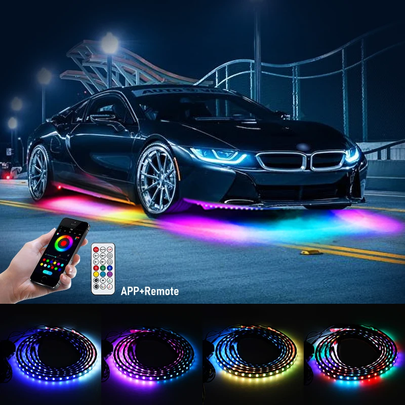 Full Colors LED Car Underglow Light Strip Backlight RGB APP Remote Voice Control Auto Decorative Ambient Underbody Neon Lamp