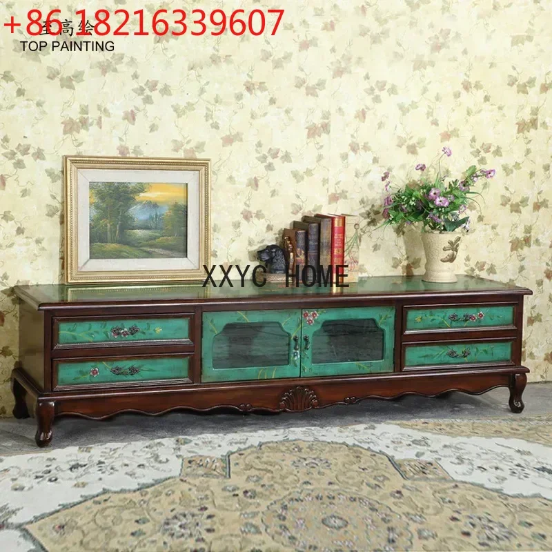 

TV Cabinet Living Room Floor Cabinet Pastoral Painted Retro Green Bedroom Locker