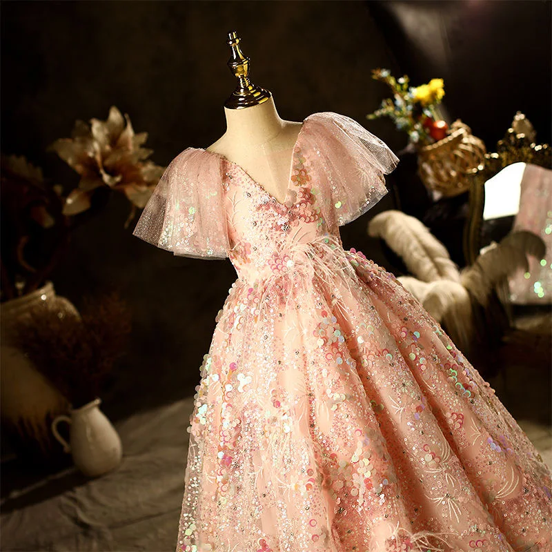 Kids Princess Dress For Girls Flower Sequin Lace Christening Gown Kids Clothes Elegant Party Wedding Costumes Birthday Clothing