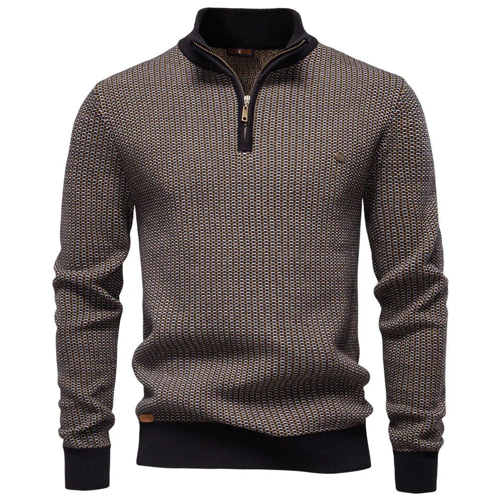 

Autumn Winter New Classic Striped Knitwear Men Cotton Blend Sweater Mock Neck Warm Thickened Old Money Luxury Sweaters For Men