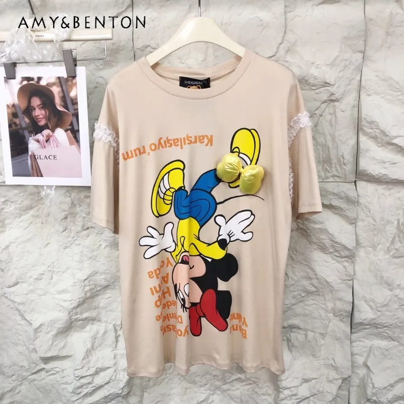 

Модные повседневные забавные футболки с мультяшным буквенным принтом, пуловер Y2k Kawaii, свободная стильная кружевная лоскутная футболка с короткими рукавами для женщин