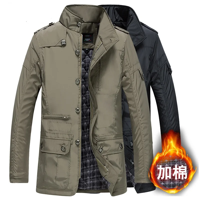 Men's Large-Sized Winter Jacket Stand-Up Collar Thick Cotton Mid-Length Business Casual Fit