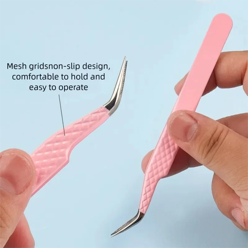 Różowe srebrne pęsety do przedłużania rzęs ze stali nierdzewnej z siatką, precyzyjne pęsety z wzorem antypoślizgowym i osłonką ochronną, narzędzia do makijażu.