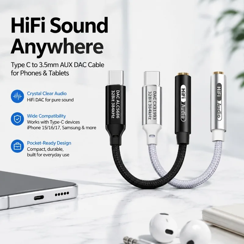 T2 Series Digital Audio Conversion Cable Type-C To 3.5mm Headphone Decoding Wire HiFi Sound Transmission Adapter Cord Stable
