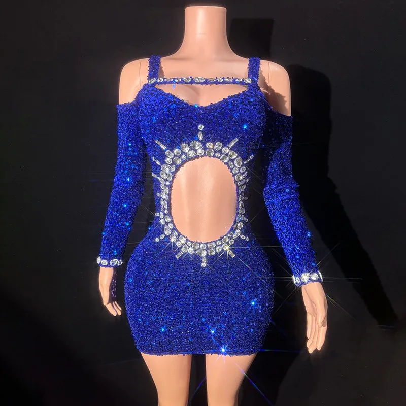 New Red Blue Shiny Diamond Performance Dress Nightclub DJ Bar Female Singer Sexy Little Glitter Dress Party Leaky Navel Dress