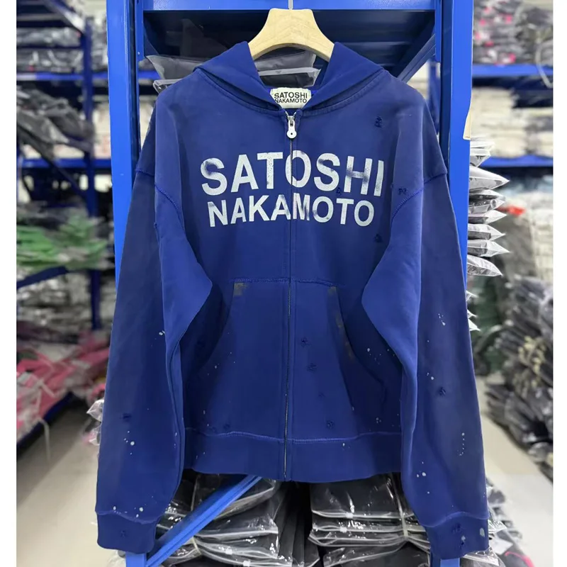 American Retro Washed Blue Splashed Ink Print Ripped Hole Hoodie Men Casual High-quality Satoshi Nakamoto Pullover Hoodie